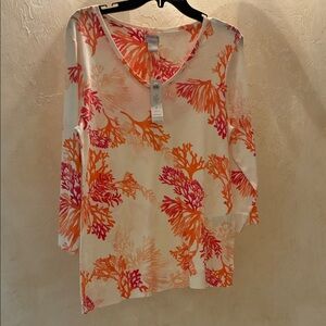 Chico's White Long Sleeve V-Neck Top with Orange and Pink Coral Print
